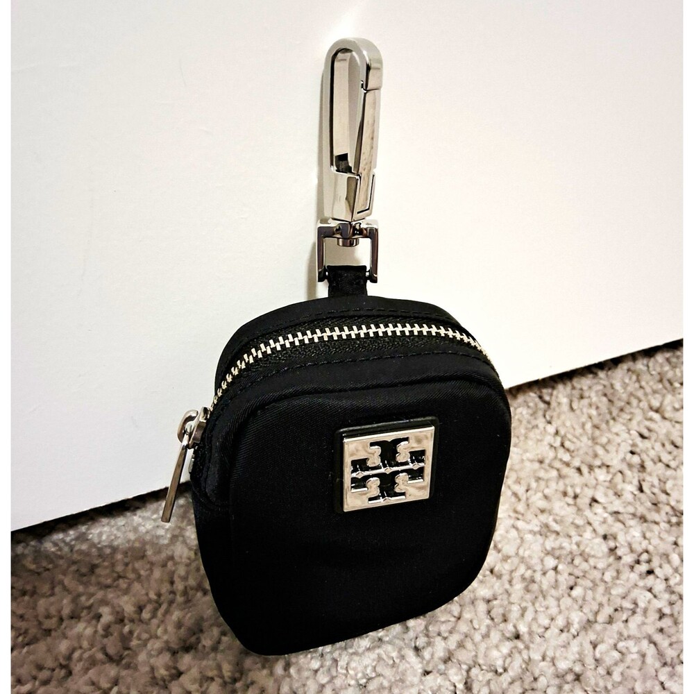 Tory Burch Virginia Nylon Clip-on Black Mini Pouch Bag Charm Silver Logo & Clasp